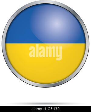 Flagge der Ukraine Glas Button Stil mit Metallrahmen. Stock Vektor