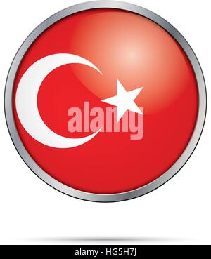Türkei Flagge Glas Button Stil mit Metallrahmen. Stock Vektor