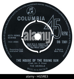 45 u/min 7' UK Plattenlabel von The House Of The Rising Sun von The Animals auf dem Columbia-Label von 1964 Stockfoto