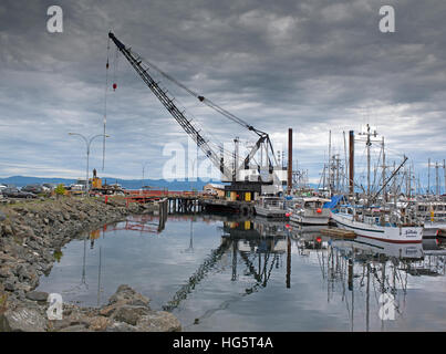 Stapeln Sie treibende Kran auf schwimmenden Schiff arbeiten im Hafen von französischen Creek, Vancouver Island, BC. Kanada. SCO 11.357. Stockfoto