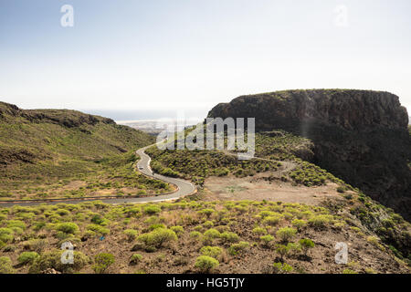 Blick vom Macizo de Amurga mit Blick auf den Barranco de Fataga, einer der vulkanischen Berge auf Gran Canaria. Stockfoto