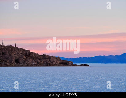 Bolivien, Potosi Department, Daniel Campos Provinz, Salar de Uyuni, Blick auf die Insel Incahuasi bei Sonnenaufgang. Stockfoto