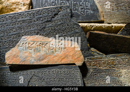 Mani-Steinen mit dem gravierten tibetische Mantra Om Mani Padme Hum werden an einer Wand, Ngawal, Manang Bezirk, Nepal gestapelt Stockfoto