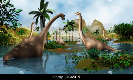Brachiosaurus Dinosaurier in einer prähistorischen Umgebung Weiden. Stockfoto