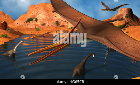 Pteranodon Reptilien fliegen über eine Gruppe von Brachiosaurus Dinosaurier. Stockfoto