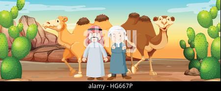 Zwei islamische Männer und Kamele in der Wüste Abbildung Stock Vektor