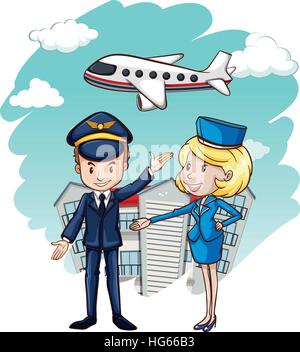 Piloten und Flugbegleiter mit Flugzeug im Hintergrund illustration Stock Vektor