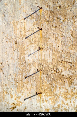 Reihe von rostigen Nägeln in der Wand unter dem Nachmittag Licht gehämmert. Salento, Italien. Stockfoto