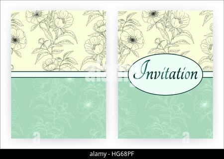 Pfingstrosen-Vorlage für Flyer, Banner, Plakat, Broschüre, Einladung, Plakat. Blumenkarte mit Pfingstrosen. Vintage Grußkarte mit blühenden Blumen. Vektor-Illustration. Stock Vektor