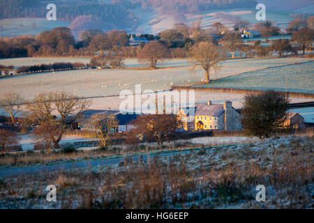 Ein großes Bauernhaus am Stadtrand von Rhosesmor Dorf, umgeben von einer Winterlandschaft Vormittag Stockfoto