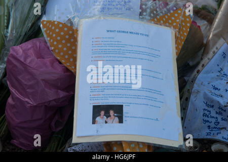 London, Vereinigtes Königreich. 5. Januar 2017. Ehrungen von Kerzen, Blumen und Fotos verbleiben außerhalb der Heimat der Pop-Musik Ikone George Michael in The Grove, Highgate in London, England. Sänger George Michael starb am Weihnachtstag in seinem Landhaus in Oxfordshire im Alter von 53 Jahren am 25 Dezember. Bildnachweis: Michael Tubi/Alamy Live-Nachrichten Stockfoto