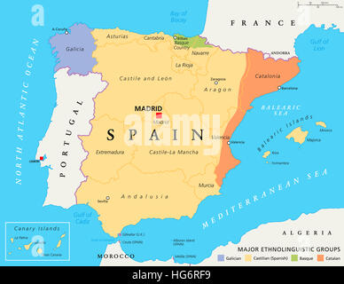 Autonome Gemeinschaften von Spanien Karte, administrative Abteilungen mit begrenzte Autonomie. Mit großen Ethnolinguistic Gruppen. Stockfoto