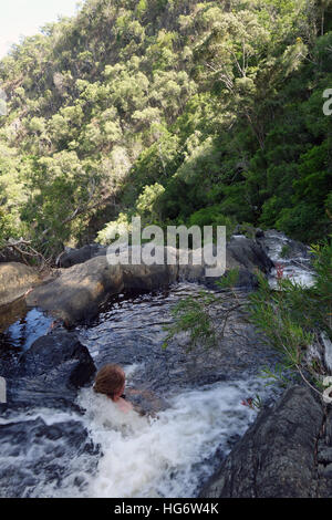 Schwimmer genießen Sie Spa-Pool an Spitze der Big Mowbray fällt, Mowbray Nationalpark, Julatten, in der Nähe von Port Douglas, Queensland, Australien. Kein Herr Stockfoto