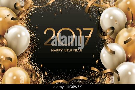 2017-Happy New Year-Kalligraphie mit goldenen und weißen Ballon Elemente, schwarzer Hintergrund Stock Vektor