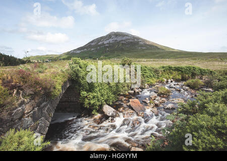 Blick auf Mount Errigal aus einer alten Brücke in der vergifteten Glen. Glenveagh Nationalpark, County Donegal, Irland. Stockfoto