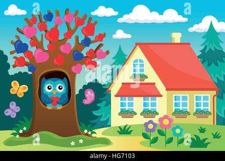 Valentine-Baum in der Nähe von Haus - eps10-Vektor-Illustration. Stock Vektor