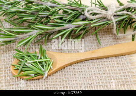 frische grüne Rosmarin in einem Holzlöffel Stockfoto
