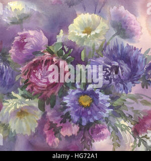 violetten Astern in Vase Aquarell Quadrat Stockfoto