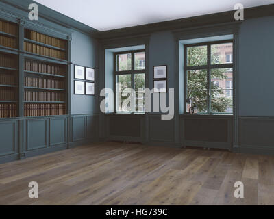 leeren Raum mit Fenstern und Parkett. 3D-Rendering Stockfoto