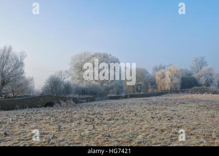 Blick auf das Mühlenhaus mit Bäumen, die im Winter von Reifrost bedeckt sind. North Aston, North Oxfordshire, England Stockfoto