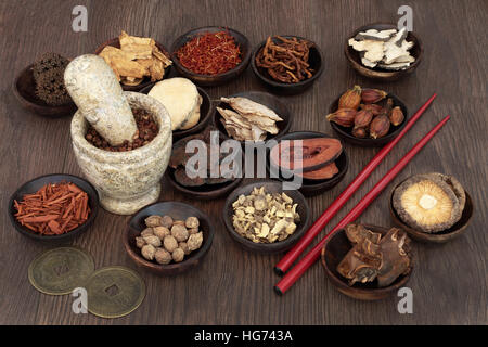 Chinesische Apotheke Kraut Auswahl verwendet in traditionelle Kräutermedizin mit Mörser und Stößel, Stäbchen und Fengshui Münzen. Stockfoto