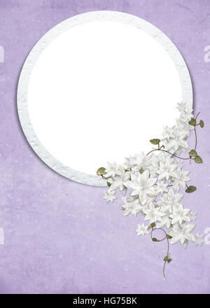 Kreis-Rahmen mit Regentropfen und Blumenstrauß auf weiche Textur lila Hintergrund Stockfoto