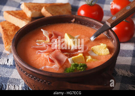 Spanische Suppe Salmorejo mit Schinken und Eiern Nahaufnahme in eine Schüssel geben. horizontale Stockfoto