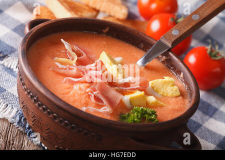 köstliche Suppe Salmorejo mit Schinken und Eiern Nahaufnahme in eine Schüssel geben. horizontale Stockfoto