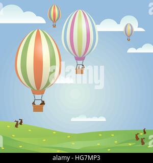 Osterhasen in Heißluftballons über Frühling Landschaft Vektor-illustration Stock Vektor