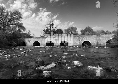 Sommer-Blick auf einen Teil der 26 gewölbte steinerne Brücke über Fluss Great Ouse in Bromham Dorf, Bedfordshire, England, UK Stockfoto