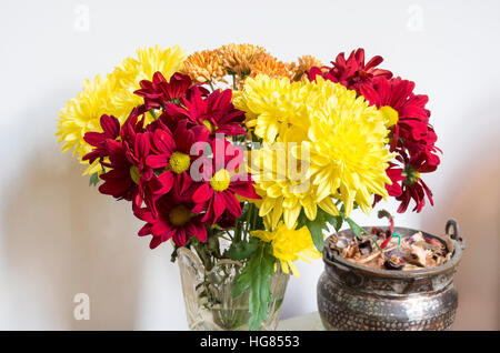 Eine Vase mit geschnittenen Spray Chrysanthemeblumen drinnen im winter Stockfoto