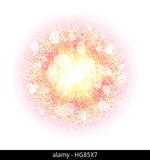 Abstrakte Explosion mit gold glitzernde Elemente isoliert auf weiss. Platzen der leuchtende Stern. Wischen Sie Feuerwerk Lichteffekt mit rosa Schein. Splash Pulver Hintergrund funkelt. Vektor-Illustration. Stock Vektor