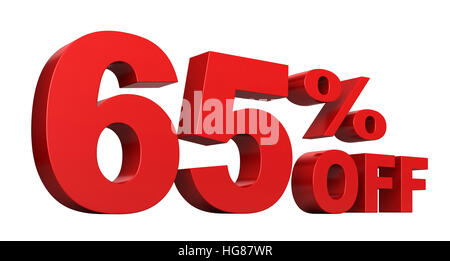 3D Render 65 % Rabatt Verkauf Text isoliert auf weißem Hintergrund Stockfoto