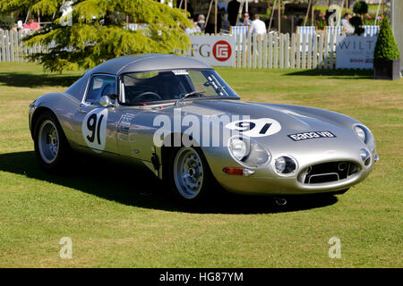 Ein Jaguar E-Type Rennwagen auf die Wilton Classic & Supercar Show 2015, Wilton House, Wiltshire, Vereinigtes Königreich. Stockfoto