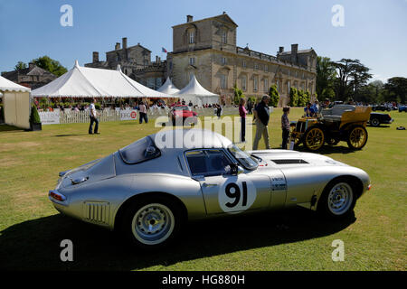 Ein Jaguar E-Type Rennwagen auf die Wilton Classic & Supercar Show 2015, Wilton House, Wiltshire, Vereinigtes Königreich. Stockfoto