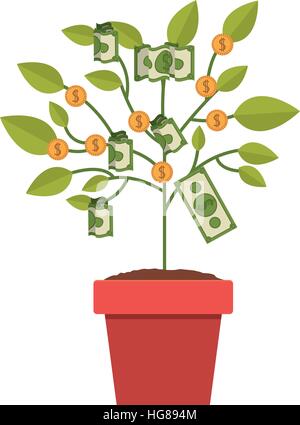 Topf mit Pflanze mit Dollar und Münzen Stock Vektor