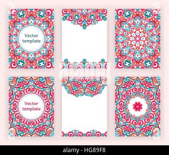 Vorlagen für Flyer, Banner, Broschüre, Plakat, Poster, Grußkarten. Abstrakt mit bunten Mandalas. Stock Vektor