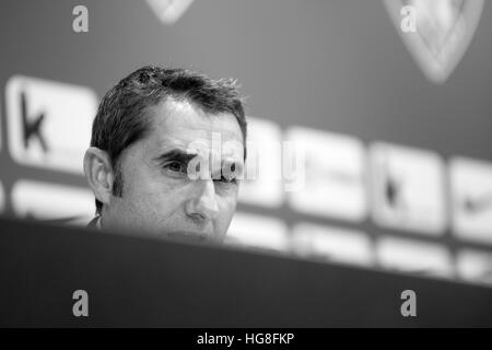 Bilbao, Spanien. 5. Januar 2017. Ernesto Valverde (Trainer, Athletic Club) während der Pressekonferenz des Fußballspiels der Runde der 16 des spanischen Königs Stockfoto