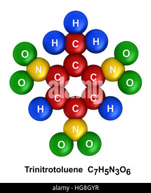 3D Rendering der molekularen Struktur von Trinitrotoluol isoliert auf weißem Hintergrund Stockfoto