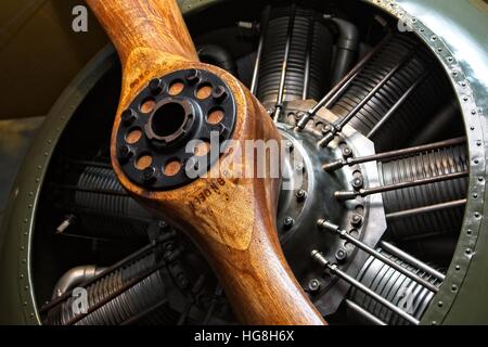 Sternmotor mit Holzpropeller des alten Flugzeugs Stockfoto