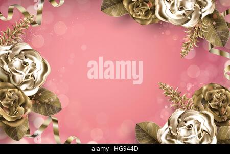 Golden rose Elemente mit metallischen Glanz, rosa Hintergrund Stock Vektor