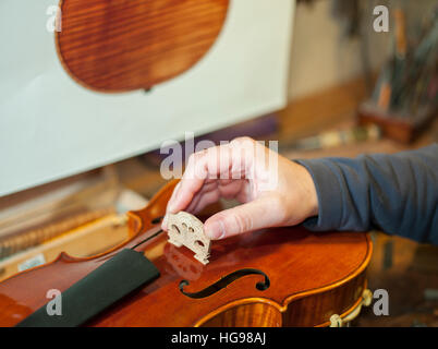 Meister Luthier Vladimiro Cubanzi bei der Arbeit in seinem Labor in Cremona, Italien Stockfoto