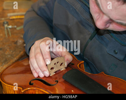 Meister Luthier Vladimiro Cubanzi bei der Arbeit in seinem Labor in Cremona, Italien Stockfoto