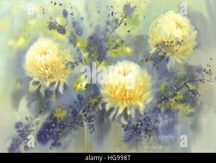 Weiß-gelbe Chrysantheme Aquarell Hintergrund Stockfoto