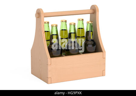 Flaschen Bier in hölzerne Verpackungen, 3D-Rendering isolierten auf weißen Hintergrund Stockfoto