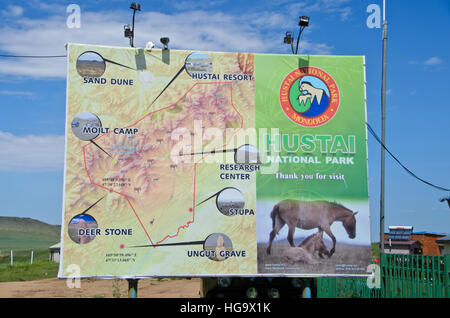 Das Schild am Eingang des Hustai National Park Stockfoto