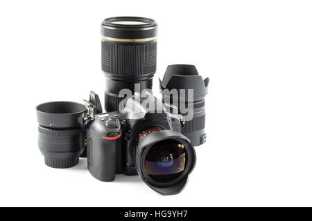 Professionelle DSLR-Kamera und diverse Objektive Stockfoto