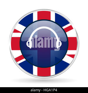 Kopfhörer-britische Design-Ikone - Runde Silber metallic Schaltfläche mit Großbritannien Flagge Stockfoto