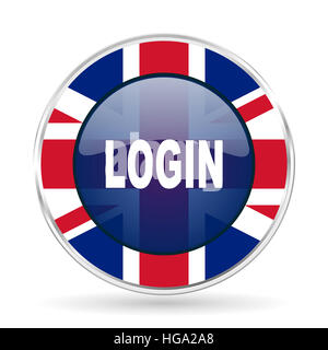 Login-britische Design-Ikone - Runde Silber metallic Schaltfläche mit Großbritannien Flagge Stockfoto