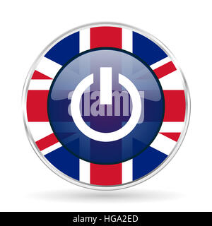 Britisches Design Energiesymbol - Runde Silber metallic Schaltfläche mit Großbritannien Flagge Stockfoto